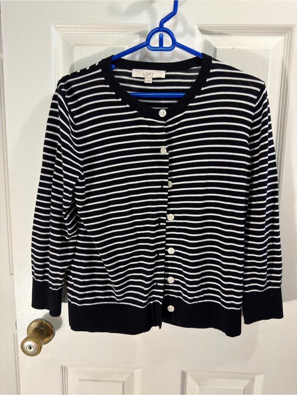 LOFT Black & White Striped Button-Front Cardigan